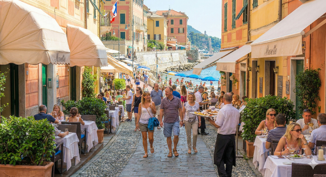 Western Ligurian Riviera sandy beaches with palm trees and coastal towns