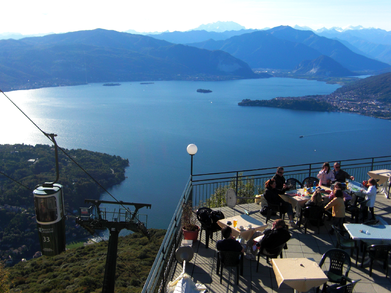 Laveno panoramic cableway and Santa Caterina del Sasso monastery on Lake Maggiore cliffs