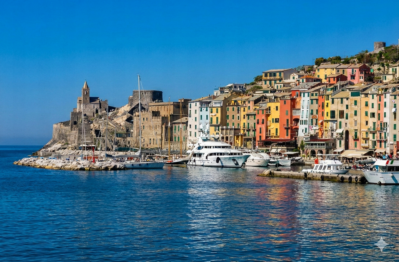 Portovenere colorful houses and harbor in Gulf of Poets Liguria Italy