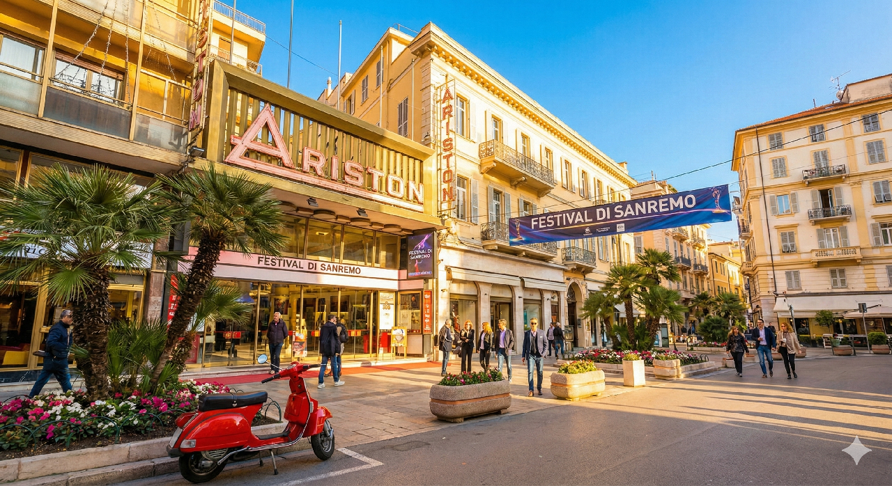 San Remo waterfront promenade with palm trees and casino on Italian Riviera Liguria