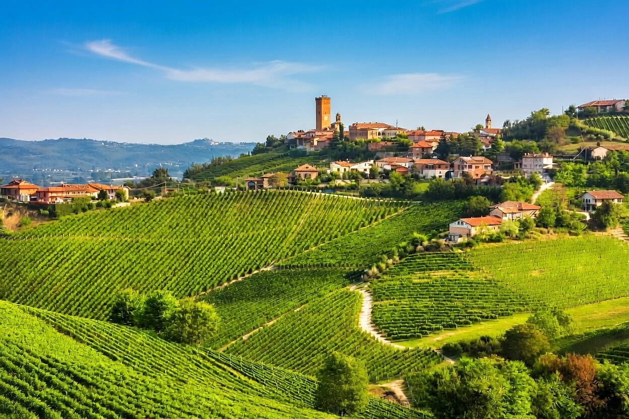 Barbaresco medieval tower overlooking Tanaro valley - luxury estates with vineyard views Piedmont - Northitaly Villas